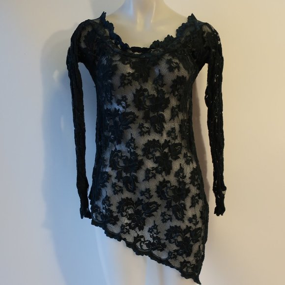 Womens Bloomingdale's Blue Black Floral Lace Semi-Sheer Asymmetric Blouse Top L* - Picture 1 of 9